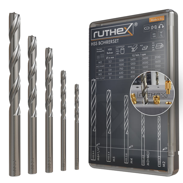 Ruthex Drill Set für Gewindeeinsätze – M2, M2.5, M3, M4, M5, M6 & 1/4"