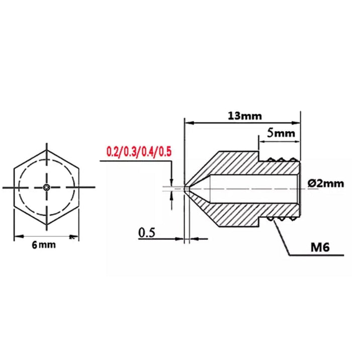 MK8 Messing Düsen 50 Stück Düsen Durchmesser: 0.2mm, 0.3mm, 0.4mm, 0.5mm, 0.6mm, 0.8mm, 1.0mm